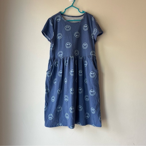 🌼 5/$25 Wonder Nation Girls Blue Smiley Face Dress Size L 10-12 Short Sleeve - Picture 1 of 8